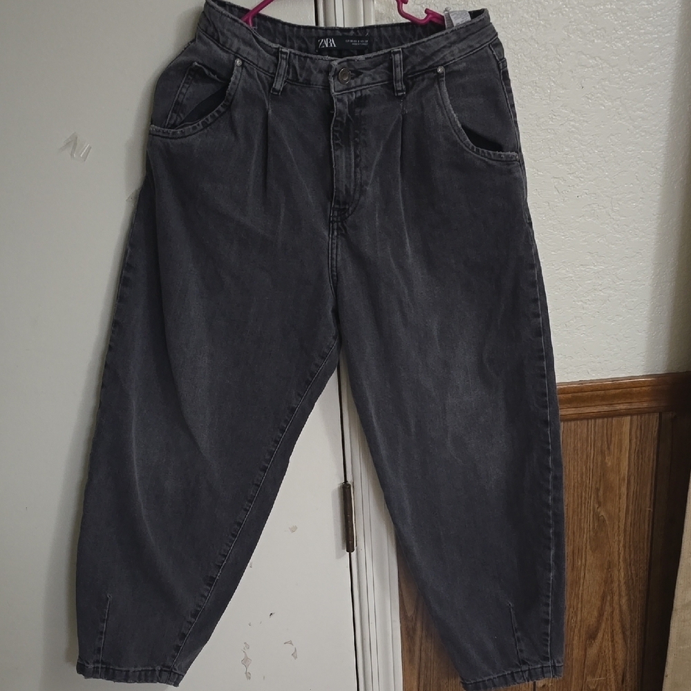 Zara Washed Charcoal High-Waist Tapered Jeans